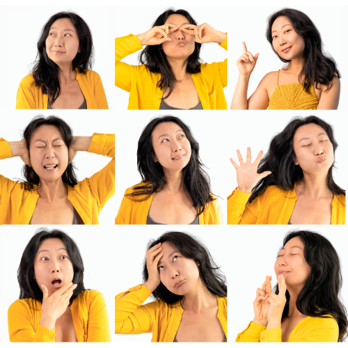 Une femme vêtue d'un haut jaune affiche différentes expressions faciales et gestes dans une grille de photos 3x3, dont la surprise, la contemplation, la frustration, la joie et l'espièglerie, sur un fond blanc.